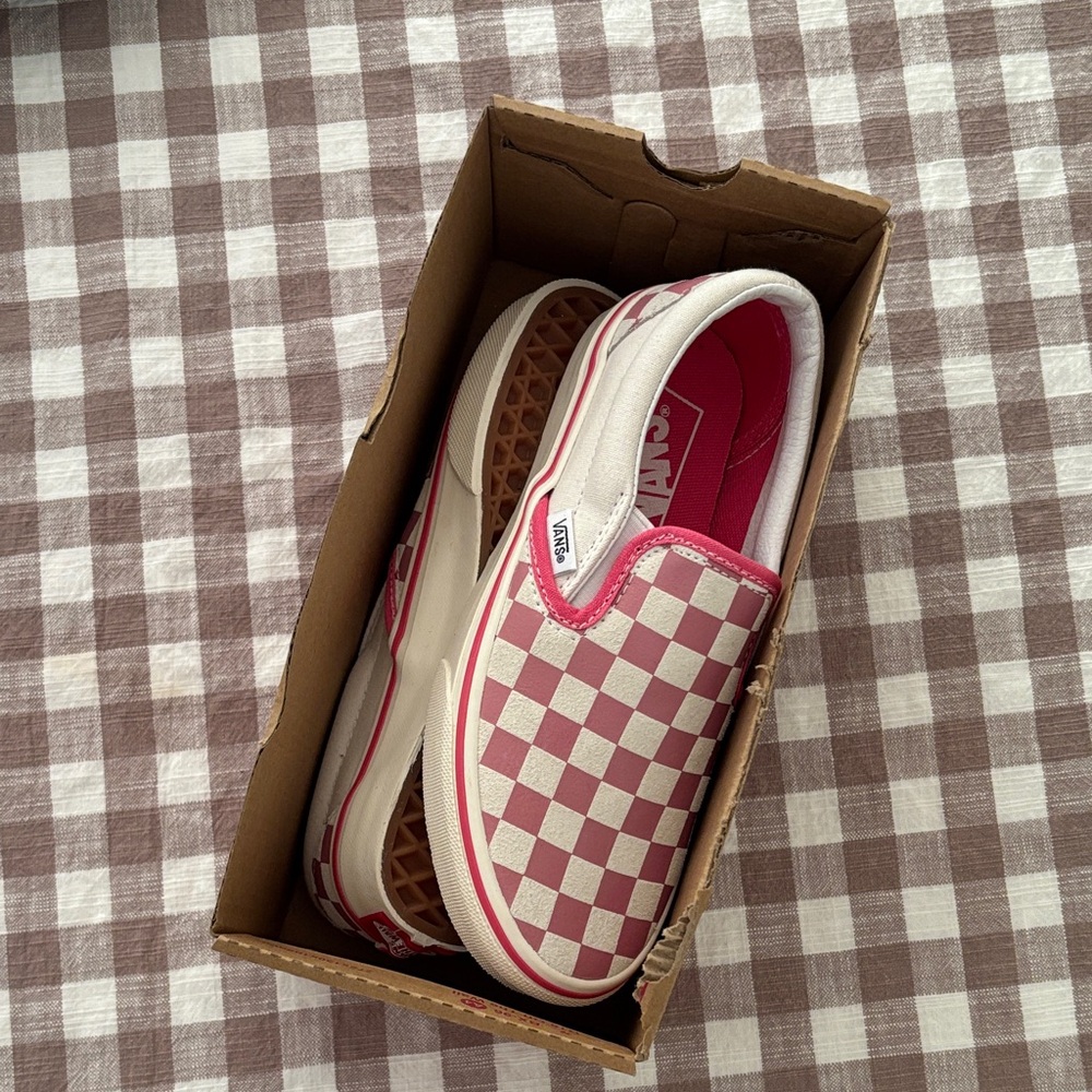 Vans Pink and White Checkered Slip-Ons